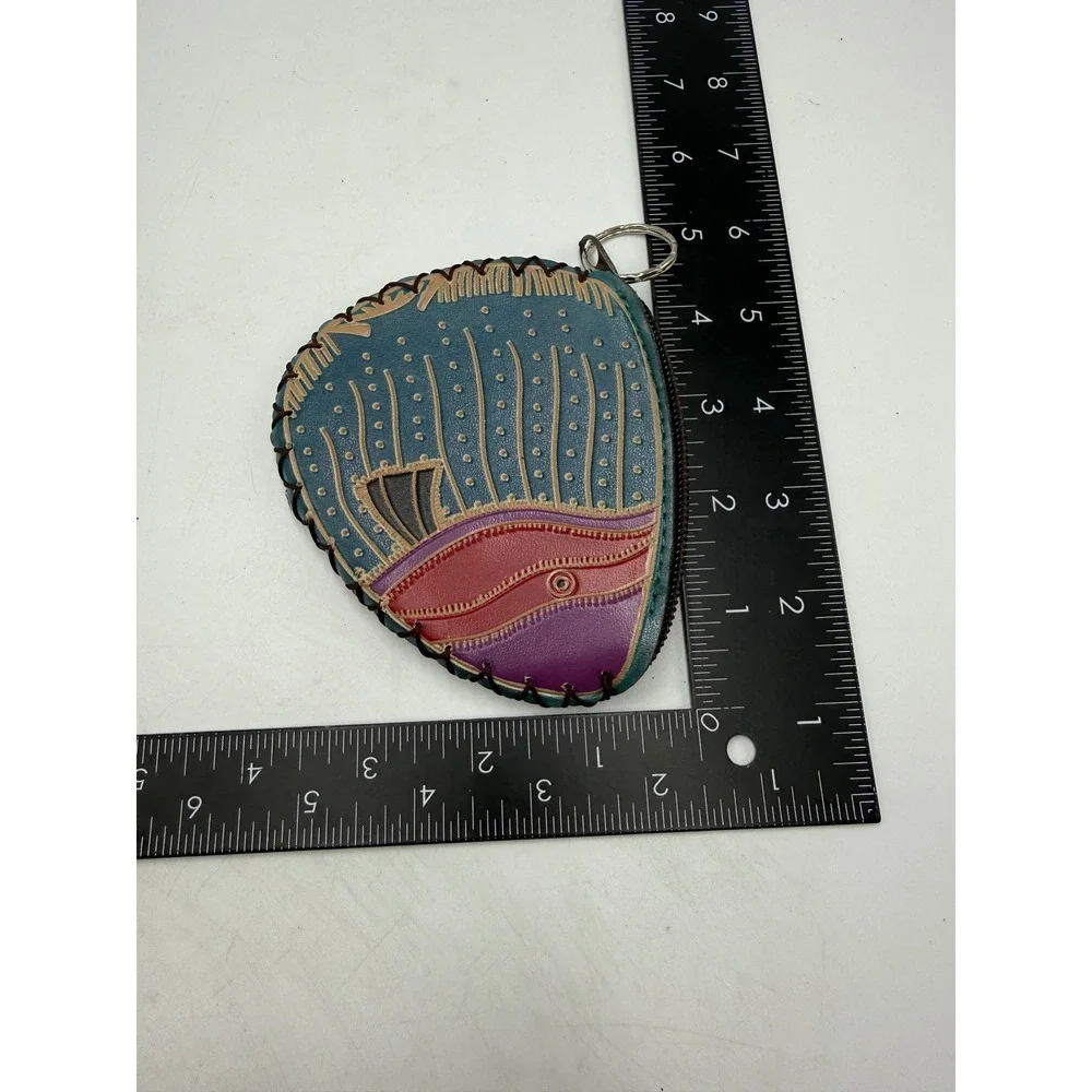Vintage Handcrafted Leather Tropical Fish Coin‎ Purse Keychain Teal Red Purple